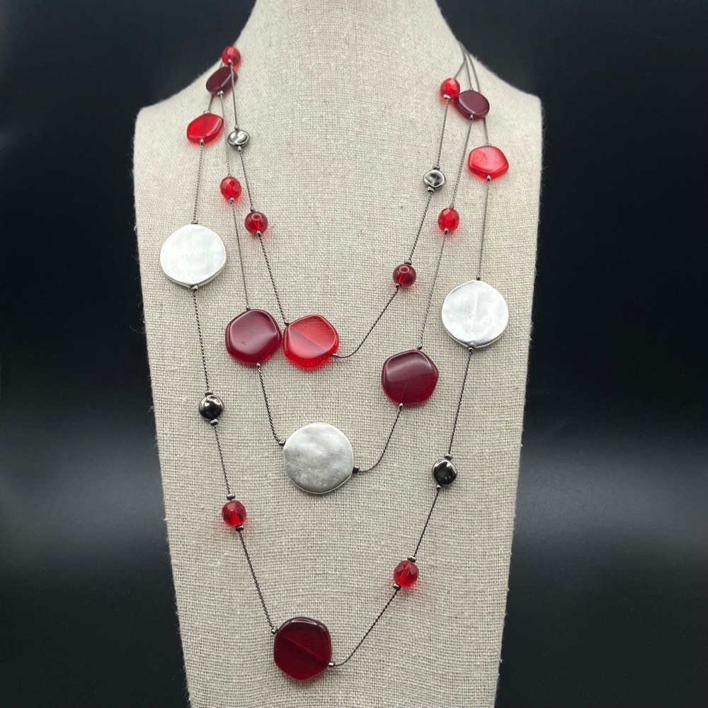 Chicos Necklace Multi Strand Layered Beaded Statement Jewelry Red 20 "